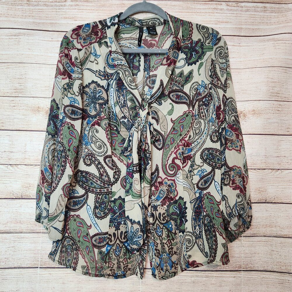 New Directions Blouse Women's Petite Large Tie Front Sheer Paisley Top